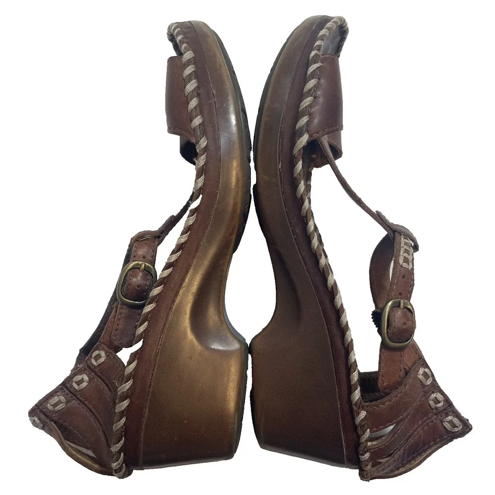 Ariat Shalimar Boho Brown Leather T-Strap Wedge Sandals Womens‎ 7.5 UK 5 EU 38.5